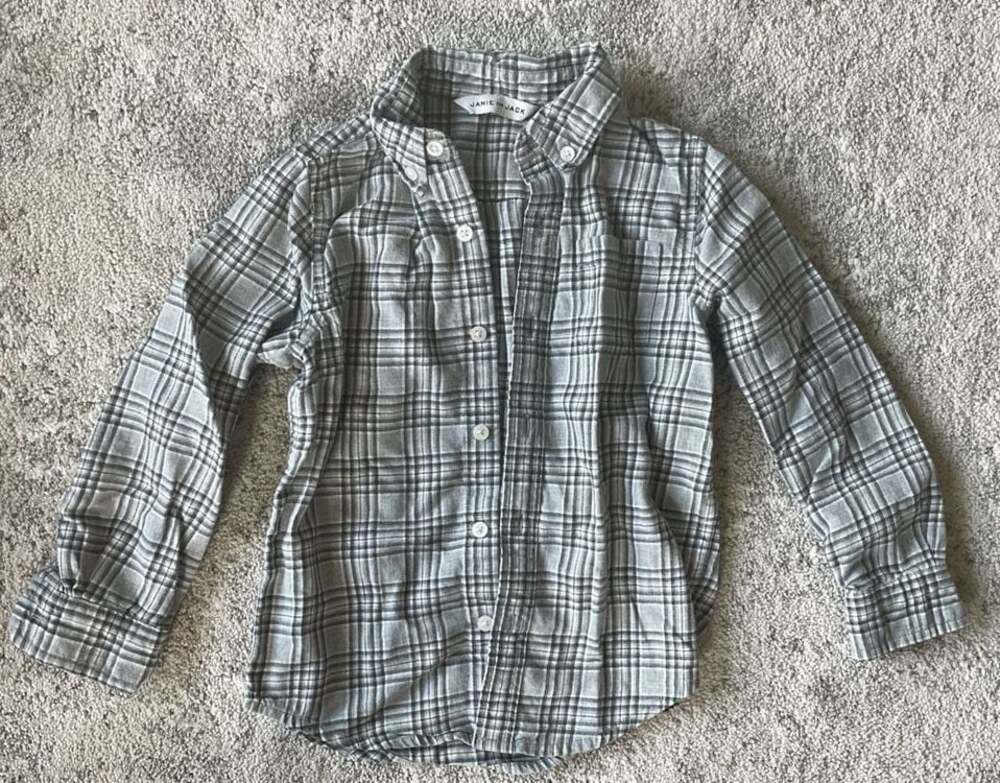 Janie and Jack Boys Heather Grey Plaid Flannel Button-Down Shirt, Size 4